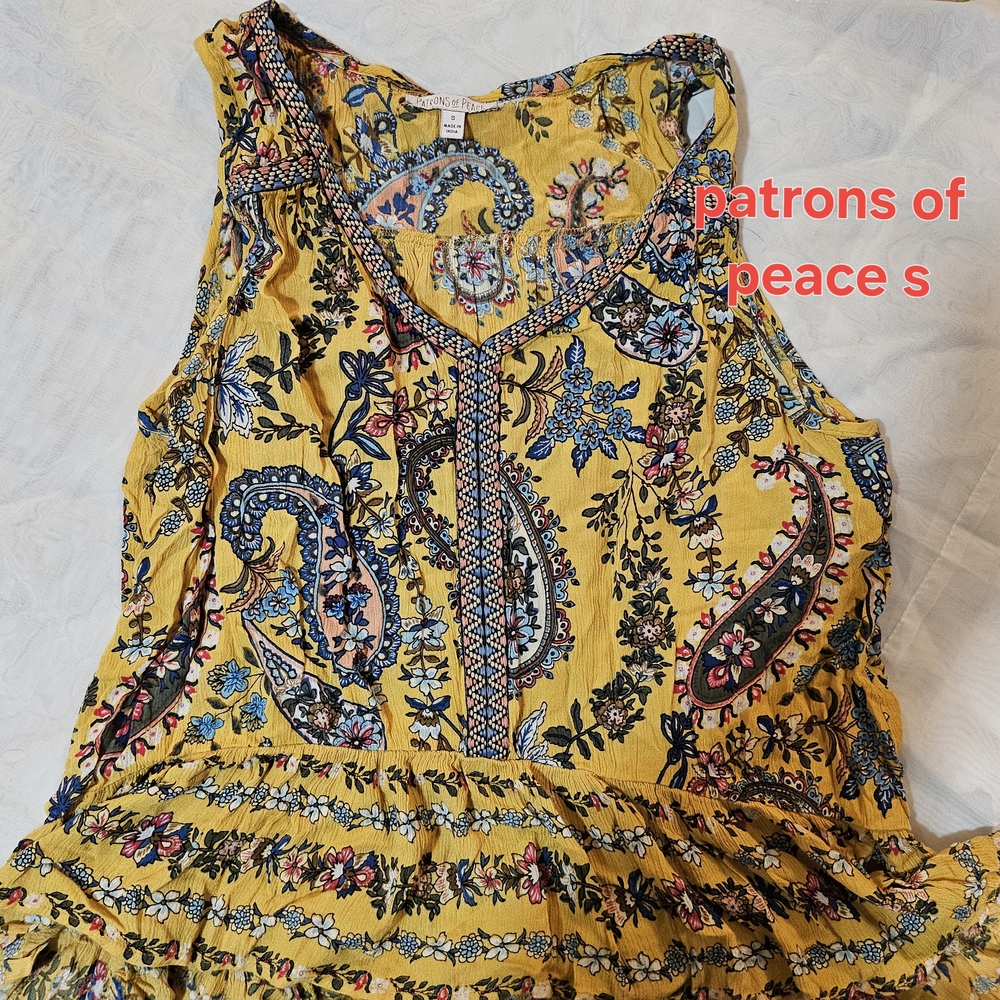 Patrons of Peace Yellow Paisley V-Neck Sundress with Multicolor Floral Print